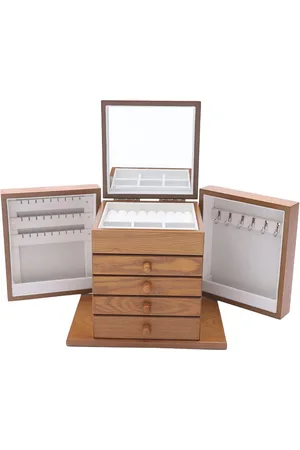 Merkloos Rustieke houten sieradendoos met spiegel - 5-laags sieradenorganizer voor dames