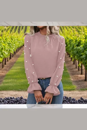 Merkloos Blouse shirt lichtroze met parels op de armen XL