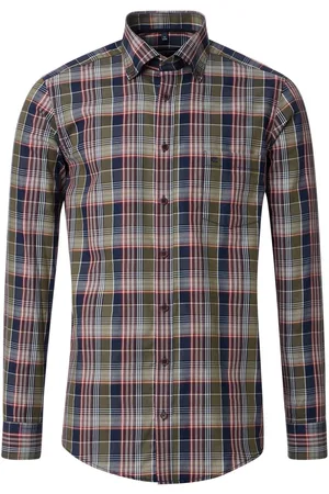 Casa Moda Sport casual fit overhemd - dobby - blauw - groen - rood en wit geruit - Strijkvriendelijk - Boordmaat: 53 - 54