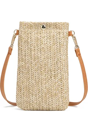 Merkloos Strogeweven crossbodytassen voor vrouwen, casual mobiele telefoontassen, strogeweven bijpassende schoudertas Zomerstrandtas voor vrouwen Verticale eenvoudige mobiele telefoon schoudertas