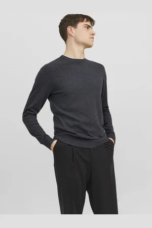 JACK & JONES Emil knit crew neck slim fit - heren pullover viscosemengsel met O-hals - donkergrijs melange
