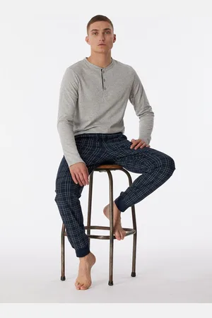 Schiesser Fine Interlock pyjamaset - heren pyjama lang interlock manchetten knoopsluiting geruit -melange