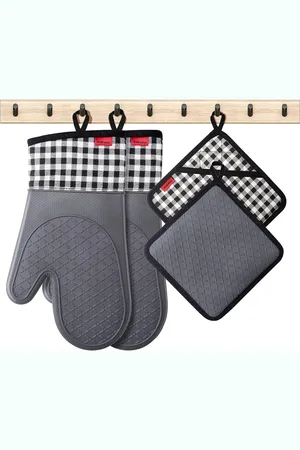 Merkloos Ovenwanten, pannenlappen, pannenhandschoenen, set van 4 - hittebestendige en antislip bakhandschoenen, zacht katoen, lange flexibele dikke siliconen kookhandschoenen voor koken bakken grillen