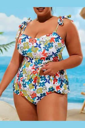 Merkloos Tankini set met bloemenprint - Elegante Plus size levendige kleurontwerp Badpak- Comfortabele en verstelbare bandjes Zwemkleding Strandkleding 193- Meerkleurig