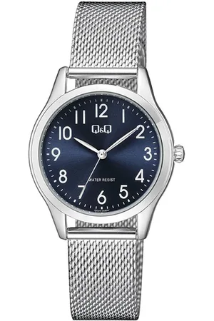 Q&Q Horloge-Dames-Analoog-zilver kleurig-blauwe wijzerplaat-milanese band-32MM