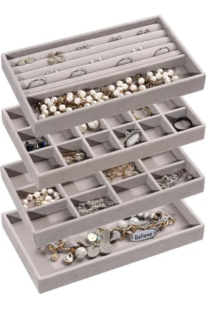 Merkloos Sieraden Organizer Tray, Stapelbare Fluwelen Sieraden Trays, Lade Inserts Earring Organizer voor Dames Meisjes Sieraden Opbergvitrine voor Ringen Stud Kettingen, Set van 4
