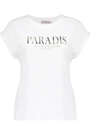 Geisha Het T-shirt Paradis van is een casual dames T-shirt met een ronde hals en korte mouwen, gemaakt van comfortabel katoen