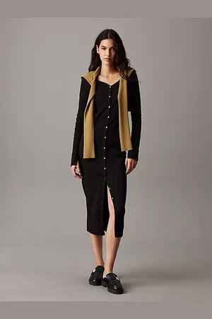 Calvin Klein Slim maxi-jurk van ribstof met knopen