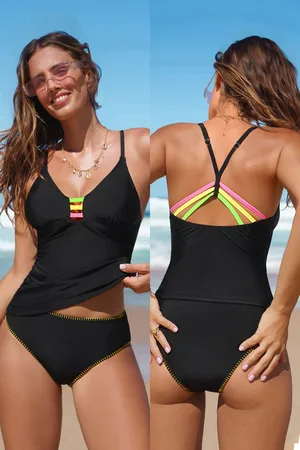Cupshe Neon Streak Zwarte Tankini Set