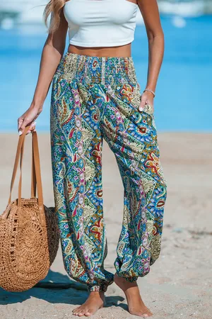 Cupshe Paisley gesmokte taille taps toelopende pijpen cover-up broek