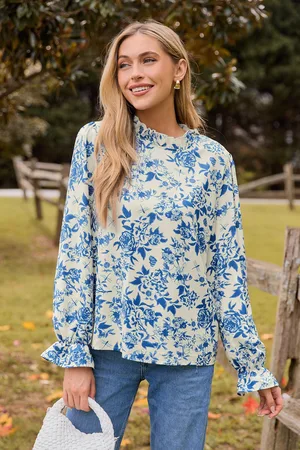 Cupshe Blauwe bloemen geplooide staande kraag lange poetsmouw blouse