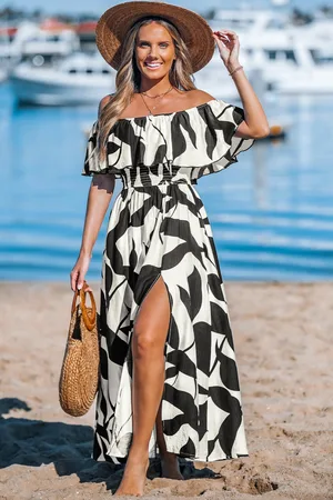 Cupshe Zwart-witte tropische off-shoulder maxi-jurk