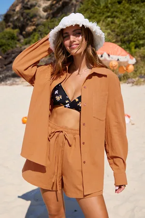 Cupshe Set van oranje kraagshirt met lange mouwen en wijde pijpen shorts