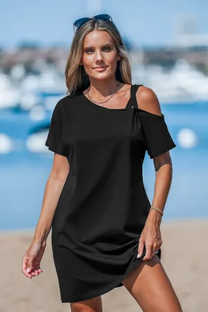 Cupshe Zwarte asymmetrische jerseyjurk met korte mouwen