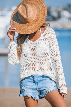 Cupshe Witte gehaakte top met lange mouwen en omslagdoek