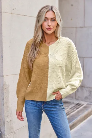 Cupshe Neutrale Colorblock Puff Sleeve Kabelgebreide Trui