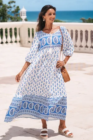 Cupshe Blauwe Paisley Midi-jurk met halve mouwen