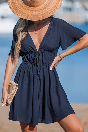 Cupshe Marineblauwe mini-jurk met diepe hals en omslag