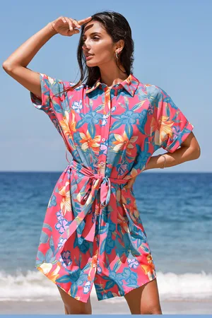 Cupshe Tropische bloemenkraag dolman mouw mini shirtjurk