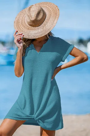 Cupshe Wafelgebreide korte mouw cover-up mini-jurk