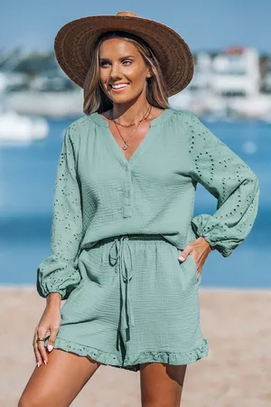Cupshe Set van Sage Eyelet Top met lange mouwen en relaxte broek