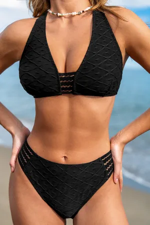 Cupshe Zwarte V-hals bikini top en standaard bedekking broekje set