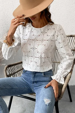 Cupshe Happy Weekend Embroidered Floral Eyelet Long Sleeve Blouse