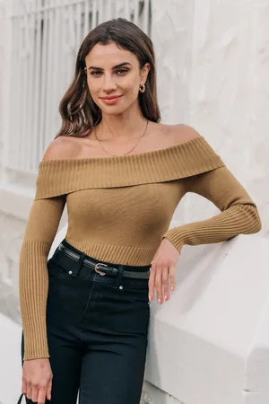 Cupshe Camel Off-Shoulder Lange Mouw Trui