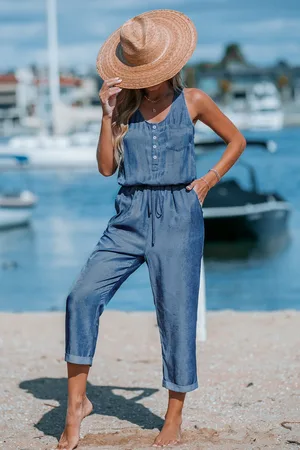 Cupshe Blauwe mouwloze jumpsuit met ronde hals en zak