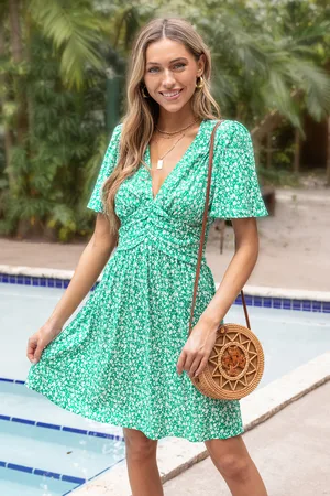 Cupshe Groene bloemendecollet?? korte mouw mini-jurk