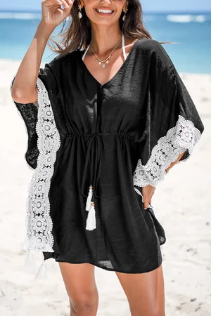 Cupshe Zwarte V-hals Bell Sleeve Cover-Up Mini-jurk