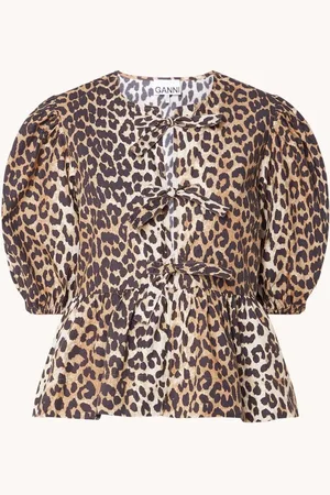 Ganni Blouse met panterprint en pofmouw