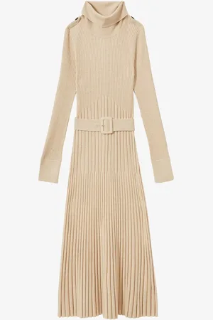 Reiss Vinette ribgebreide midi jurk met ceintuur
