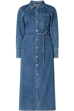 Expresso Midi denim blousejurk met steekzakken en strikceintuur