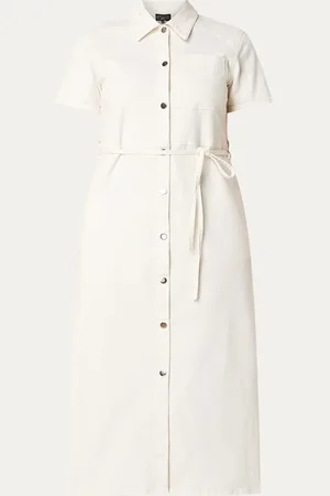 Expresso Midi denim blousejurk met strikceintuur en steekzakken