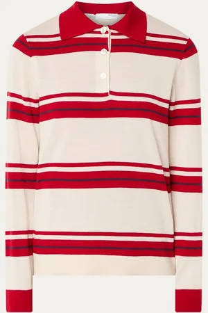 SELECTED Thea fijngebreide polo van merino wol met streepprint