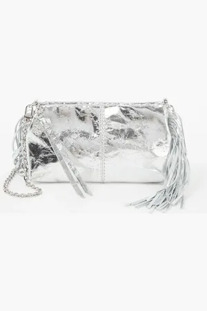 Maje Miss M clutch van leer met metallic finish en franjes