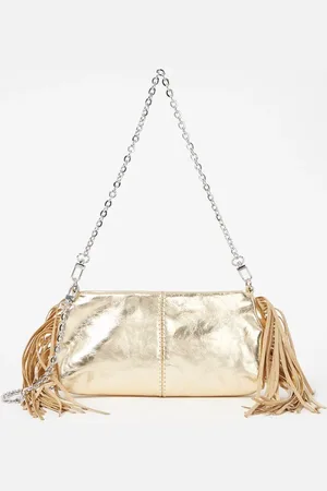 Maje Miss M clutch van leer met metallic finish en franjes