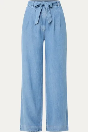 beaumont Kimberly high waist wide fit pantalon van chambray met strikceintuur
