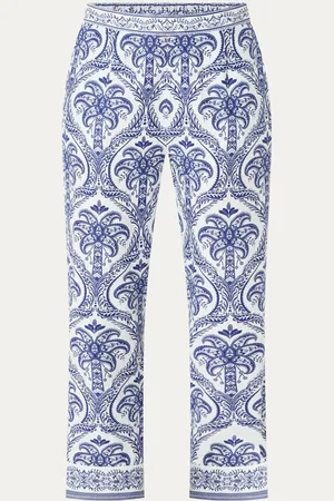 Farm Rio Blue Tropical mid waist straight fit cropped broek in linnenblend met paisley dessin