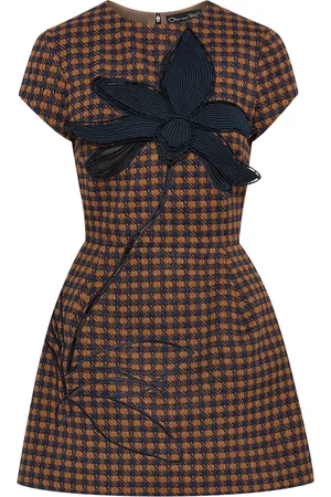 Oscar de la Renta Geruite tweed jurk met geborduurde Orchid