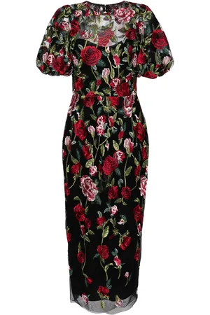 Marchesa Notte Jurk met geborduurde bloemen en tulen vlakken