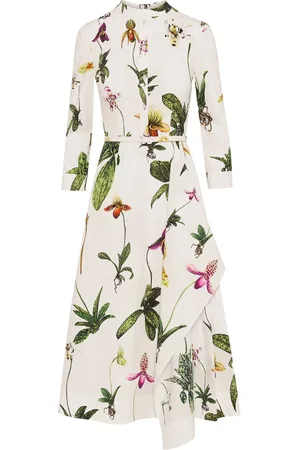 Oscar de la Renta Orchid katoenen popeline jurk met driekwart mouwen