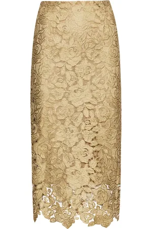Oscar de la Renta Gold Foil Rose guipure midi