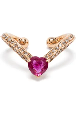 Shay 18kt geelgouden oorcuff met chevron streep, robijn en diamant