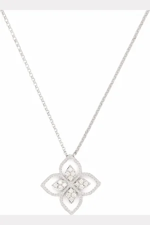 Roberto Coin 18kt witgouden Princess Flower halsketting met diamanten hanger