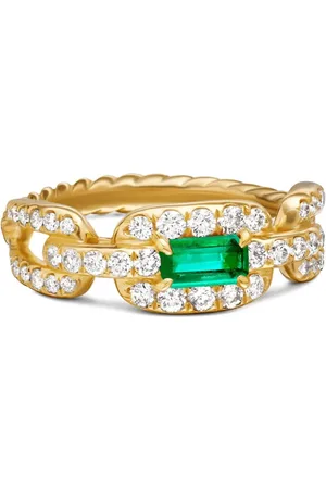 David Yurman 18kt geelgouden Stax Chain Link ring met smaragd en diamant (7 mm)