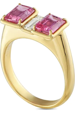 LB Exclusive 18kt geelgouden Three Stone ring met diamant en saffier