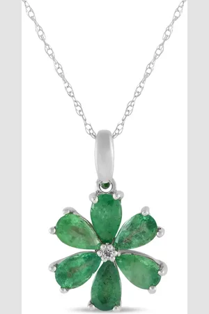LB Exclusive 14kt witgouden Flower halsketting met diamant en smaragd