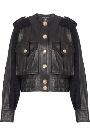 Balmain Leren bomberjack met tweed vlak